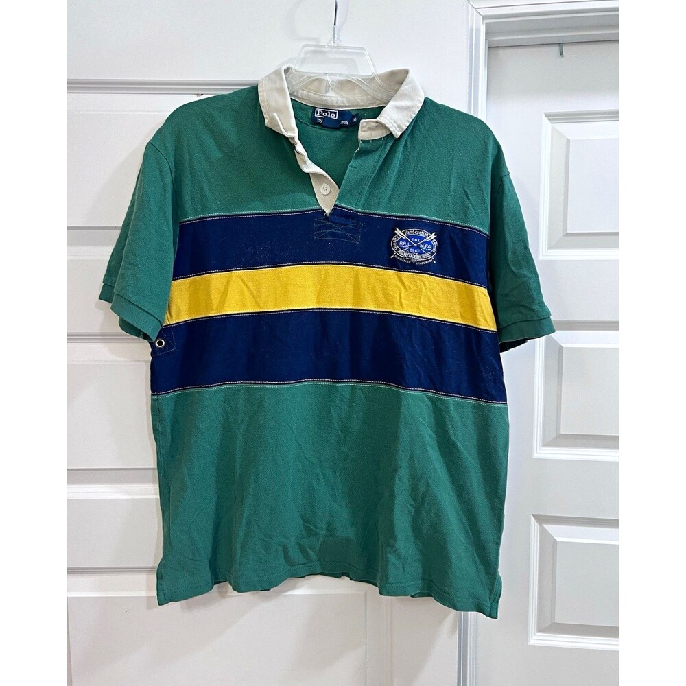 Polo Ralph Lauren Rugby Polo Shirt Men’s XL Green Blue Yellow Stripe Vintage
